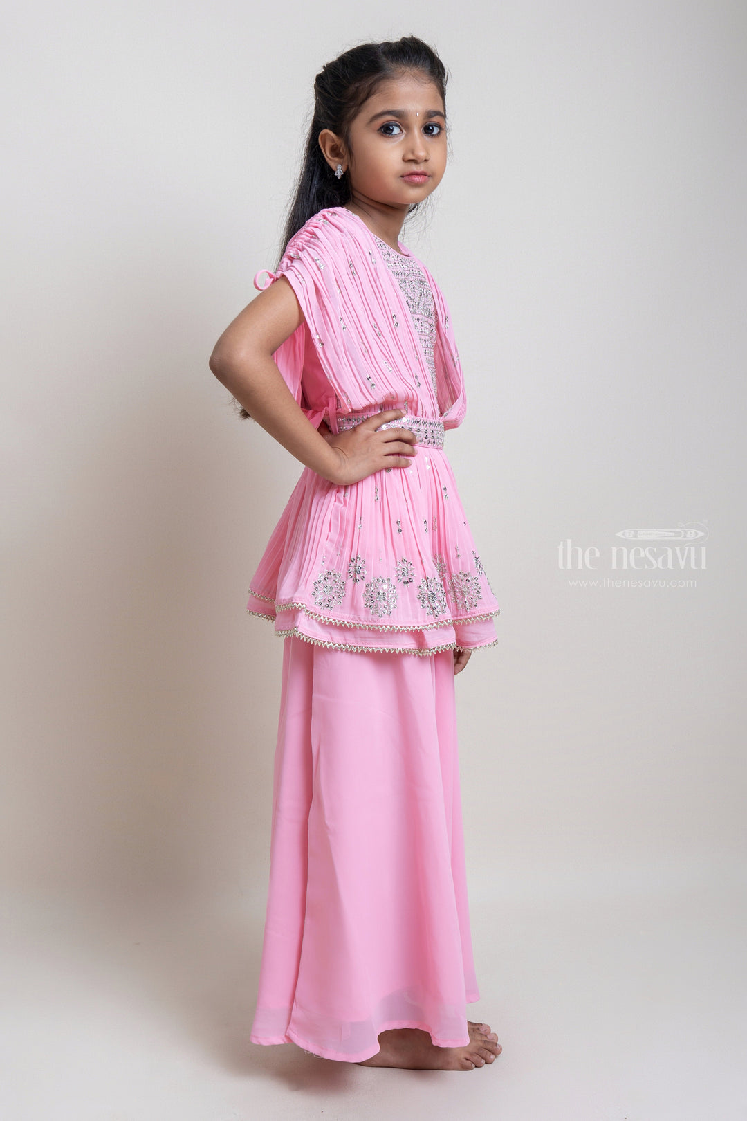 The Nesavu Girls Sharara / Plazo Set Elegant Salmon Pink Floral Designer Embroidery Tunic Tops And Palazzo Suit Sets For Girls Nesavu Pink Palazzo Designer Suit For Girls | Elegant Wear For Girls | The Nesavu