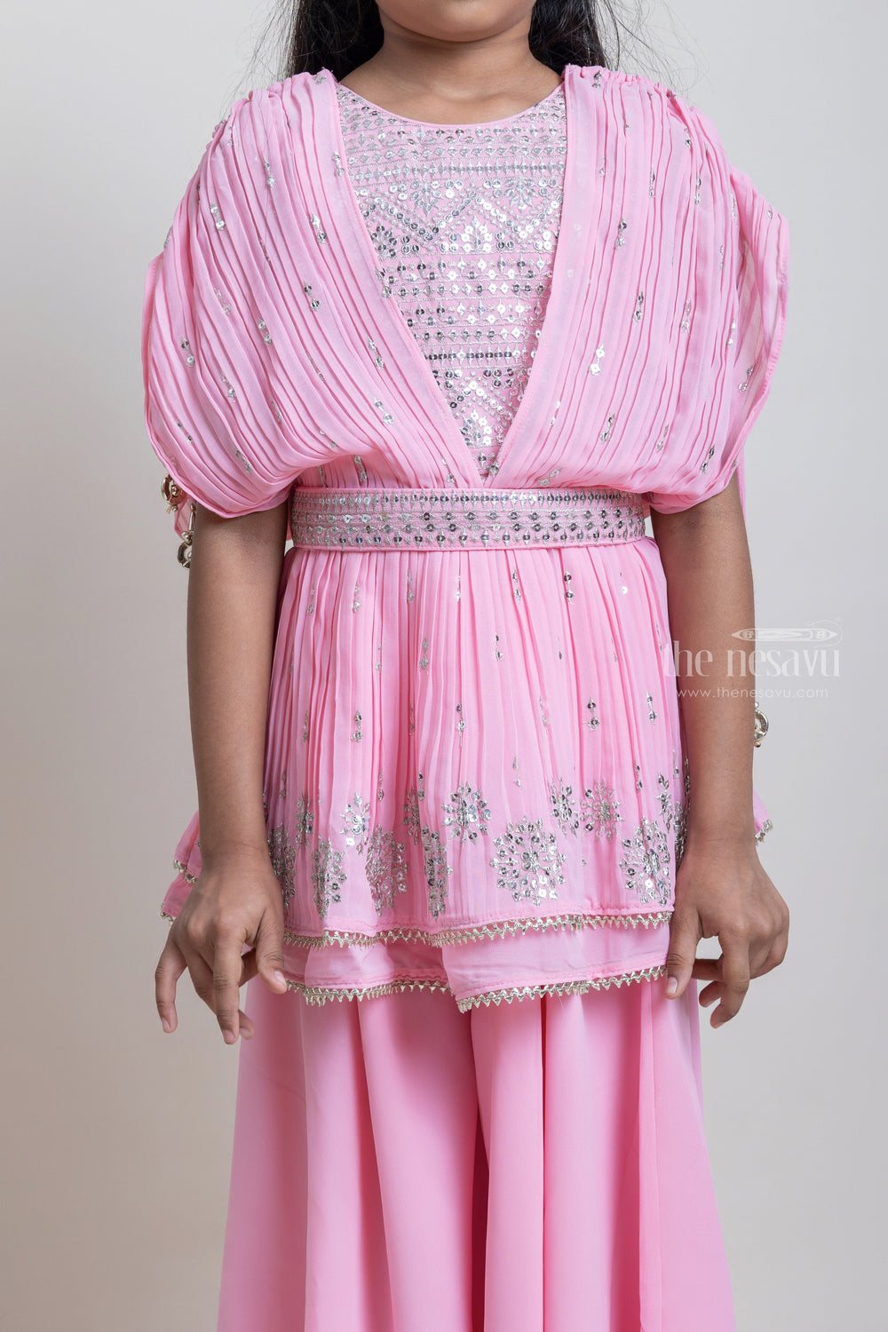 The Nesavu Girls Sharara / Plazo Set Elegant Salmon Pink Floral Designer Embroidery Tunic Tops And Palazzo Suit Sets For Girls Nesavu Pink Palazzo Designer Suit For Girls | Elegant Wear For Girls | The Nesavu