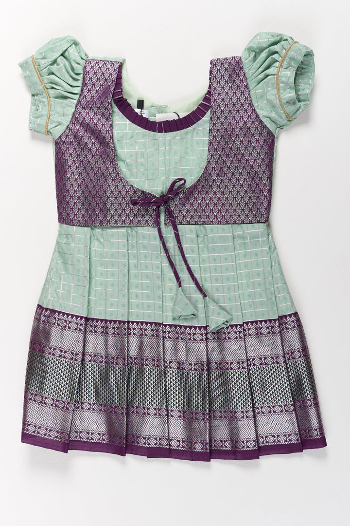 The Nesavu Girls Kanchi Silk Frock Elegant Sea Green and Purple Pattu Pavadai for Girls with Rich Zari Borders Nesavu 16 (1Y) / Green / Style 1 SF839AA-16 Nesavu Elegant Sea Green Purple Pattu Pavadai Girls Rich Zari Borders