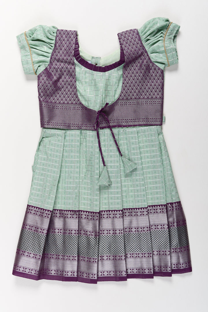 The Nesavu Girls Kanchi Silk Frock Elegant Sea Green and Purple Pattu Pavadai for Girls with Rich Zari Borders Nesavu 20 (3Y) / Green / Style 2 SF839AB-20 Nesavu Elegant Sea Green Purple Pattu Pavadai Girls Rich Zari Borders