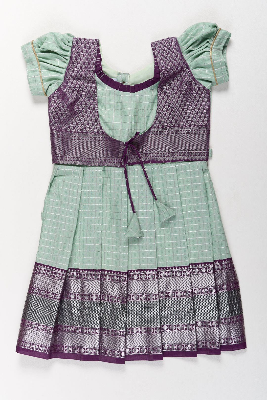 The Nesavu Girls Kanchi Silk Frock Elegant Sea Green and Purple Pattu Pavadai for Girls with Rich Zari Borders Nesavu 20 (3Y) / Green / Style 2 SF839AB-20 Nesavu Elegant Sea Green Purple Pattu Pavadai Girls Rich Zari Borders