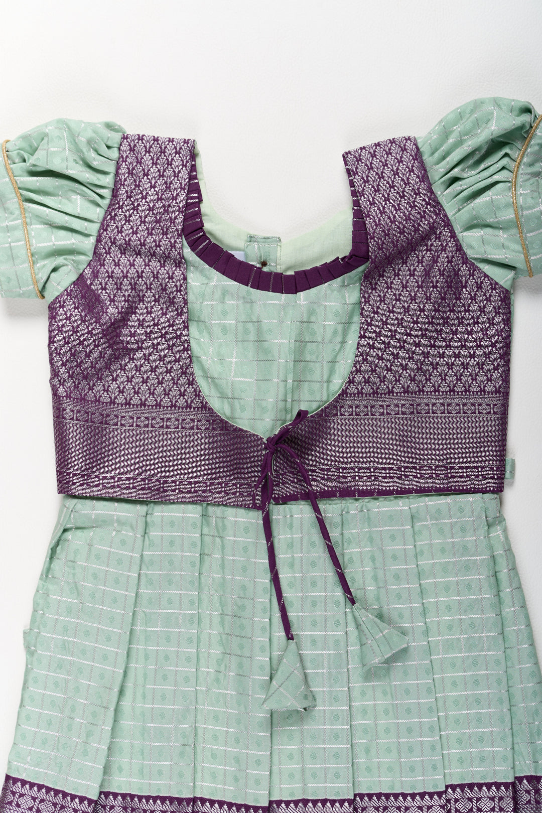 The Nesavu Girls Kanchi Silk Frock Elegant Sea Green and Purple Pattu Pavadai for Girls with Rich Zari Borders Nesavu Nesavu Elegant Sea Green Purple Pattu Pavadai Girls Rich Zari Borders