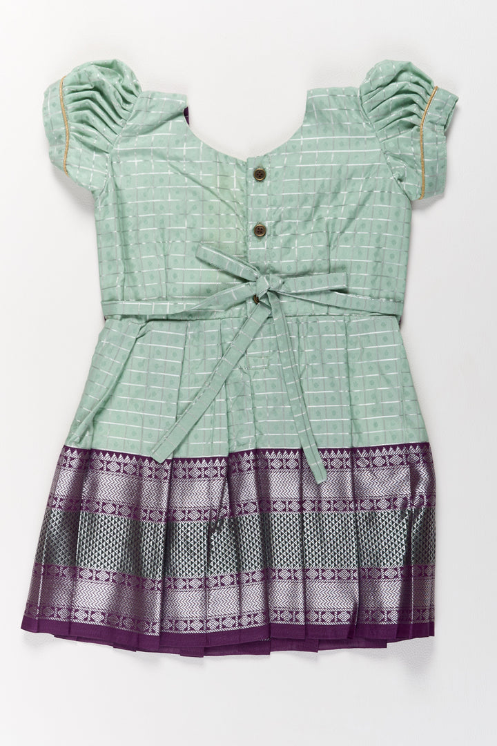 The Nesavu Girls Kanchi Silk Frock Elegant Sea Green and Purple Pattu Pavadai for Girls with Rich Zari Borders Nesavu Nesavu Elegant Sea Green Purple Pattu Pavadai Girls Rich Zari Borders