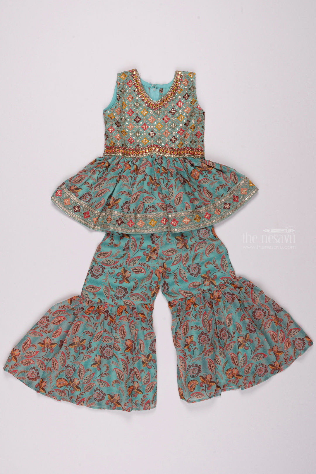 The Nesavu Girls Sharara / Plazo Set Elegant Sequin Embellished Pleated Kurti with Floral Gharara for Graceful Girls Nesavu 18 (2Y) / Blue / Chinnon GPS191A-18 Sequined Kurti with Gharara for Kids | Girls Trendy Kurti and Gharara Collection | The Nesavu