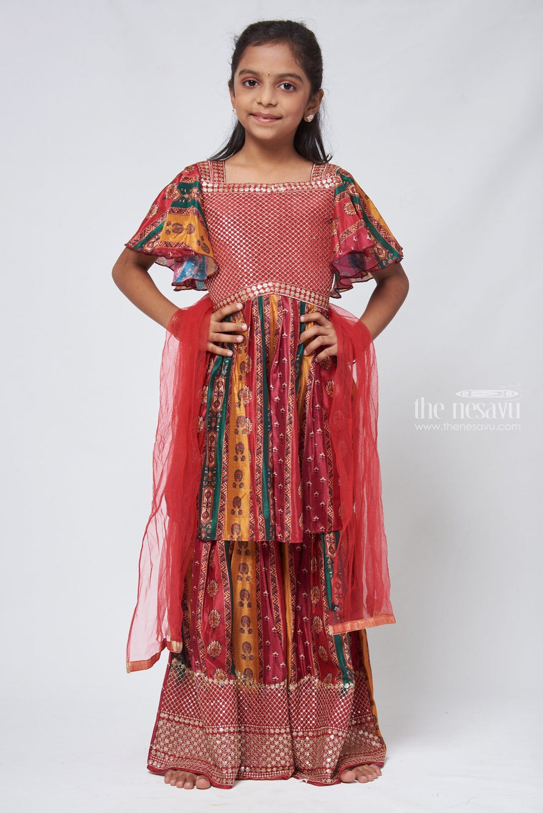 The Nesavu Girls Sharara / Plazo Set Elegant Sequin Embroidered Floral Red Kurti paired with Palazzo Festive Charm for Girls Nesavu 24 (5Y) / Brown / Chinnon Chiffon GPS161A-24 Kurti With Sharara Set For Girls | Stylish Kurti And Palazzo Suit | The Nesavu