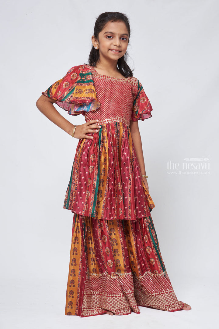 The Nesavu Girls Sharara / Plazo Set Elegant Sequin Embroidered Floral Red Kurti paired with Palazzo Festive Charm for Girls Nesavu Kurti With Sharara Set For Girls | Stylish Kurti And Palazzo Suit | The Nesavu