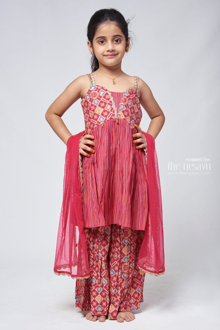 The Nesavu Girls Sharara / Plazo set Elegant Sequin Patola Striped Pink Kurti & Gharara with Dupatta: Traditional Elegance for Girls Nesavu 16 (1Y) / Pink / Modal Chanderi GPS163A-16 Traditional Gharara Set | Girls Kurti With Pant Set | the Nesavu