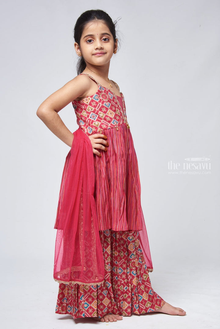 The Nesavu Girls Sharara / Plazo set Elegant Sequin Patola Striped Pink Kurti & Gharara with Dupatta: Traditional Elegance for Girls Nesavu Traditional Gharara Set | Girls Kurti With Pant Set | the Nesavu