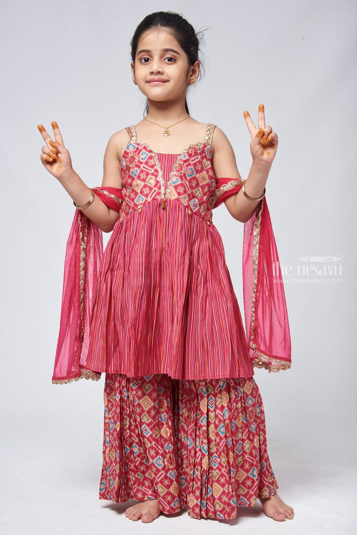 The Nesavu Girls Sharara / Plazo set Elegant Sequin Patola Striped Pink Kurti & Gharara with Dupatta: Traditional Elegance for Girls Nesavu Traditional Gharara Set | Girls Kurti With Pant Set | the Nesavu