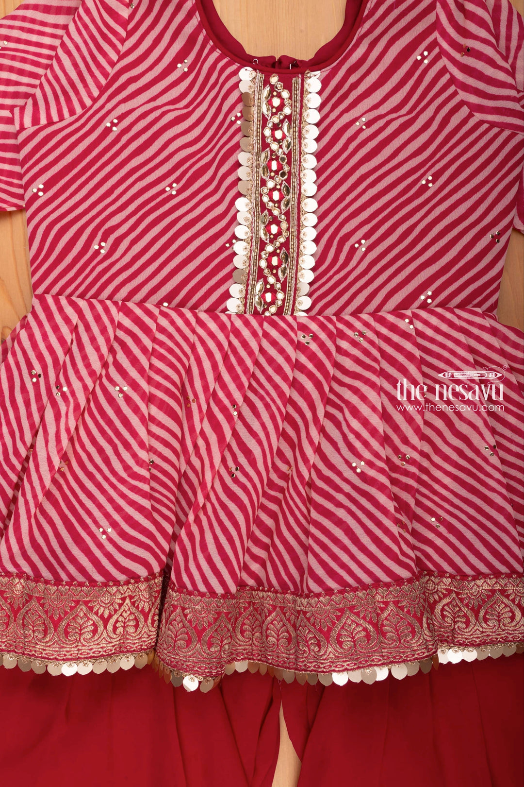 The Nesavu Girls Sharara / Plazo set Elegant Sequin Striped Red Kurti & Palazzo: Classic Festive Charm for Girls Nesavu Indian Ethnic Traditional Wear | Kurti With Palazzo Pant for Girls Online | the Nesavu