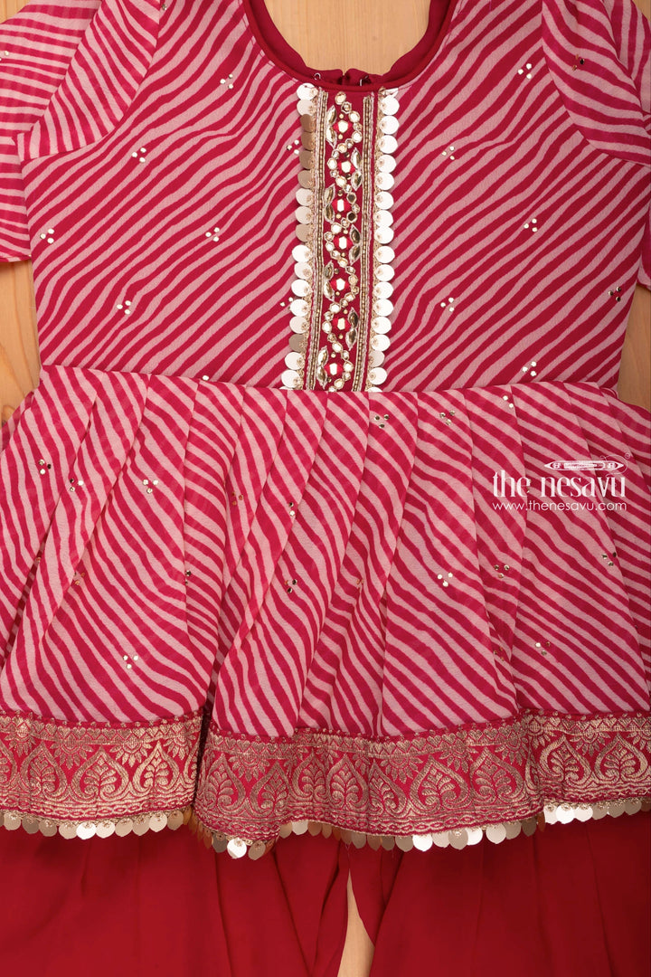 The Nesavu Girls Sharara / Plazo set Elegant Sequin Striped Red Kurti & Palazzo: Classic Festive Charm for Girls Nesavu Indian Ethnic Traditional Wear | Kurti With Palazzo Pant for Girls Online | the Nesavu