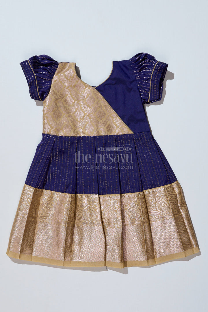 The Nesavu Girls Kanchi Silk Frock Elegant Silk Dresses Online for Girls with Kanchipuram Inspired Fabric and Gold Zari Pleated Border Nesavu 14 (6M) / Blue / Style 1 SF823FA-14 Nesavu Silk Dresses Online Girls Kanchipuram Inspired Fabric Gold Zari Pleated Border