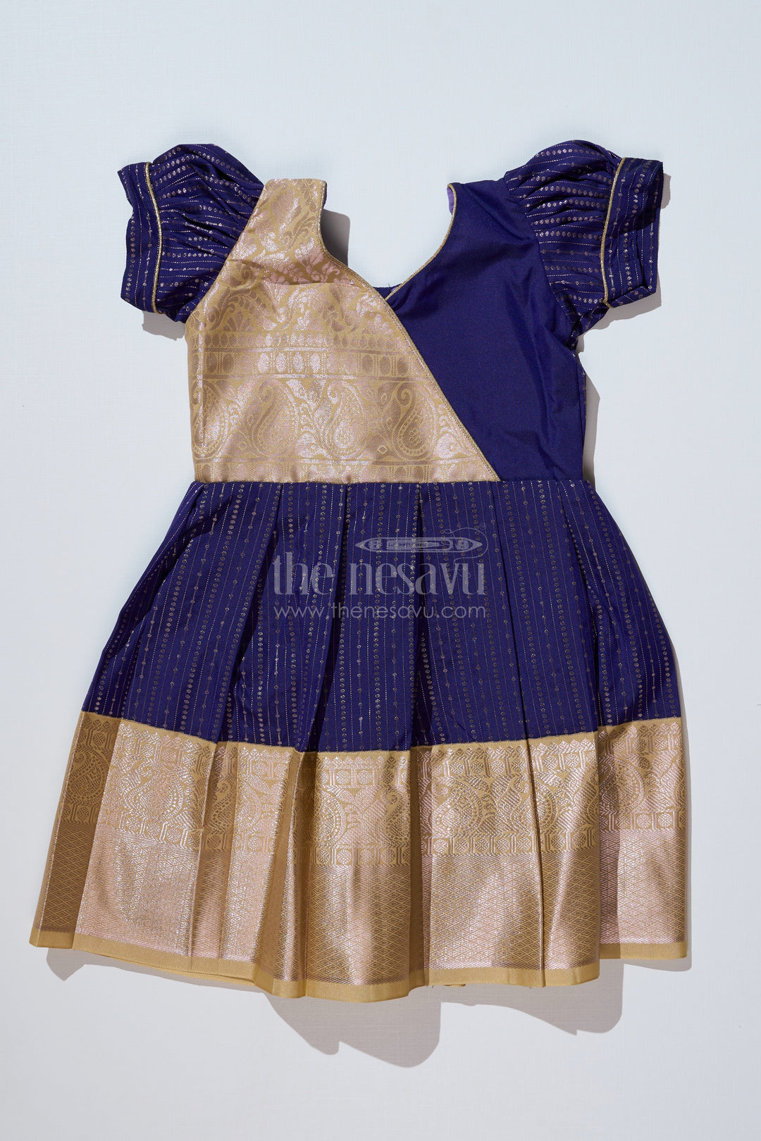 The Nesavu Girls Kanchi Silk Frock Elegant Silk Dresses Online for Girls with Kanchipuram Inspired Fabric and Gold Zari Pleated Border Nesavu 18 (2Y) / Blue / Style 2 SF823FB-18 Nesavu Silk Dresses Online Girls Kanchipuram Inspired Fabric Gold Zari Pleated Border
