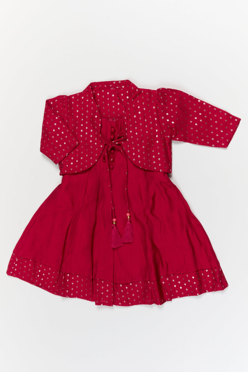 The Nesavu Girls Chanderi Frock Elegant Silk Frock with Traditional Jacket for Celebrations and Cultural Events Nesavu 20 (3Y) / Red / Viscose Silk GFC2114B-20 Nesavu ethnic silk frock with jacket for girls – ideal for weddings and festive gatherings