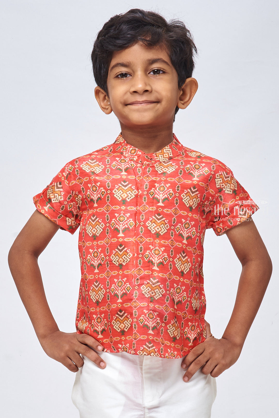 The Nesavu Boys Silk Shirt Elegant Silk Patola Boys' Shirts: Timeless Style for Festive Celebrations Nesavu 14 (6M) / Red / Silk Blend BS047-14 Silk Patola Design Boys Red Shirt | Boys Premium Shirt | The Nesavu