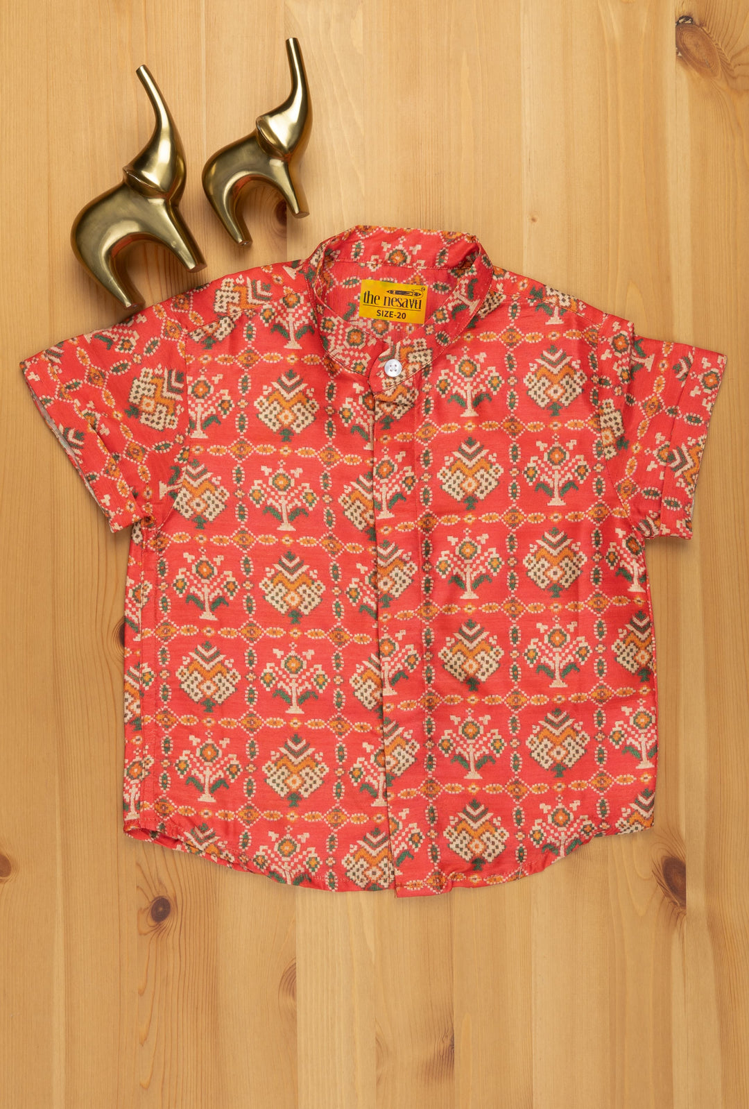 The Nesavu Boys Silk Shirt Elegant Silk Patola Boys' Shirts: Timeless Style for Festive Celebrations Nesavu 14 (6M) / Red / Silk Blend BS047 Silk Patola Design Boys Red Shirt | Boys Premium Shirt | The Nesavu