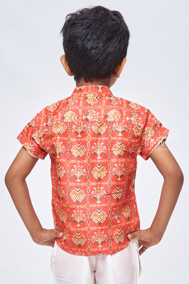 The Nesavu Boys Silk Shirt Elegant Silk Patola Boys' Shirts: Timeless Style for Festive Celebrations Nesavu Silk Patola Design Boys Red Shirt | Boys Premium Shirt | The Nesavu