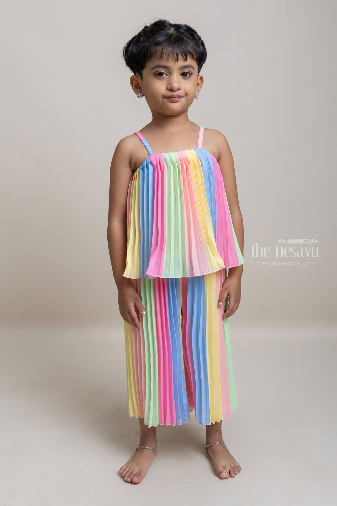 The Nesavu Girls Jumpsuit Elegant Style Multicolored Pleated Pattern Chiffon Jumpsuit For Baby Girls Nesavu 16 (1Y) / multicolor / Georgette BFJ347A Cute cotton frocks for newborns | Trendy Baby Collection | The Nesavu