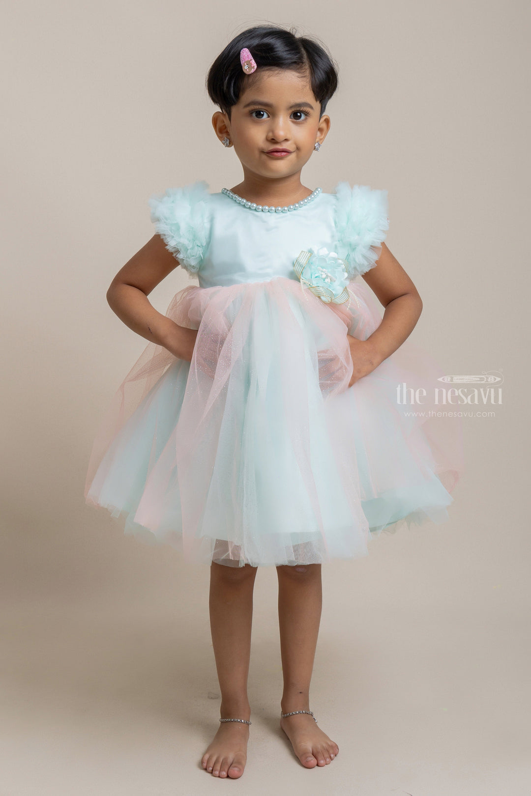 The Nesavu Girls Tutu Frock Elegant Teal Blue Party Frock With Pearl Sequenced Neck Design For Girls Nesavu 16 (1Y) / Blue PF117B-16 Fashionable party frocks | High-quality party frocks | The Nesavu