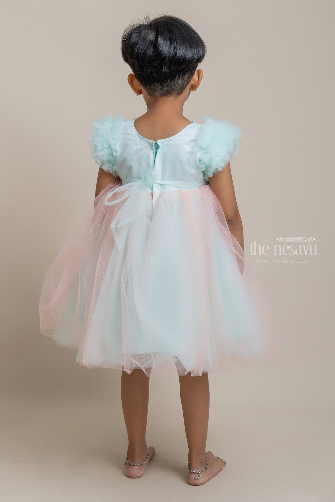 The Nesavu Girls Tutu Frock Elegant Teal Blue Party Frock With Pearl Sequenced Neck Design For Girls Nesavu Fashionable party frocks | High-quality party frocks | The Nesavu