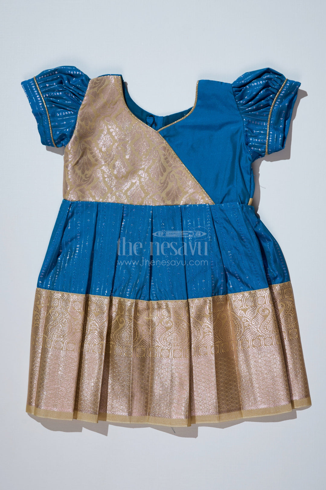 The Nesavu Girls Kanchi Silk Frock Elegant Teal Silk Dress for Girls with Kanchipuram Inspired Fabric and Gold Zari Pleated Border Nesavu 14 (6M) / Teal / Style 1 SF823DA-14 Nesavu Teal Silk Dress Girls Kanchipuram Inspired Fabric Gold Zari Pleated Border