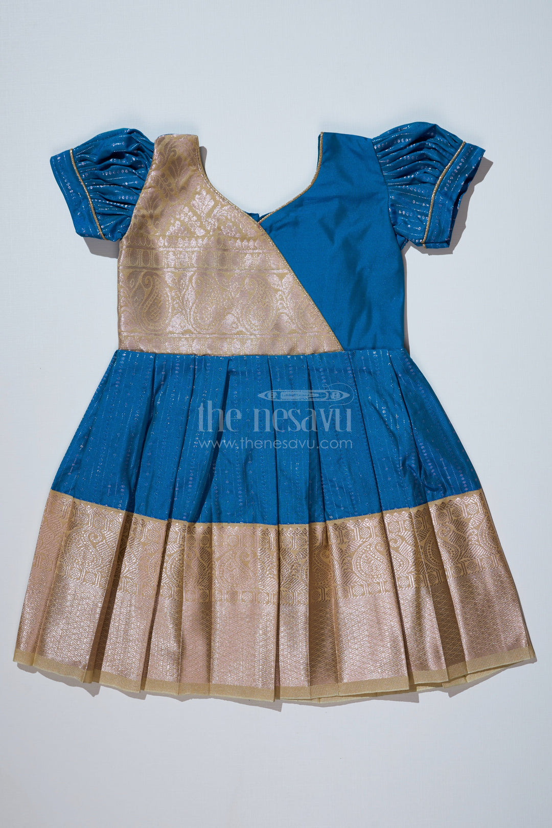 The Nesavu Girls Kanchi Silk Frock Elegant Teal Silk Dress for Girls with Kanchipuram Inspired Fabric and Gold Zari Pleated Border Nesavu 18 (2Y) / Teal / Style 2 SF823DB-18 Nesavu Teal Silk Dress Girls Kanchipuram Inspired Fabric Gold Zari Pleated Border