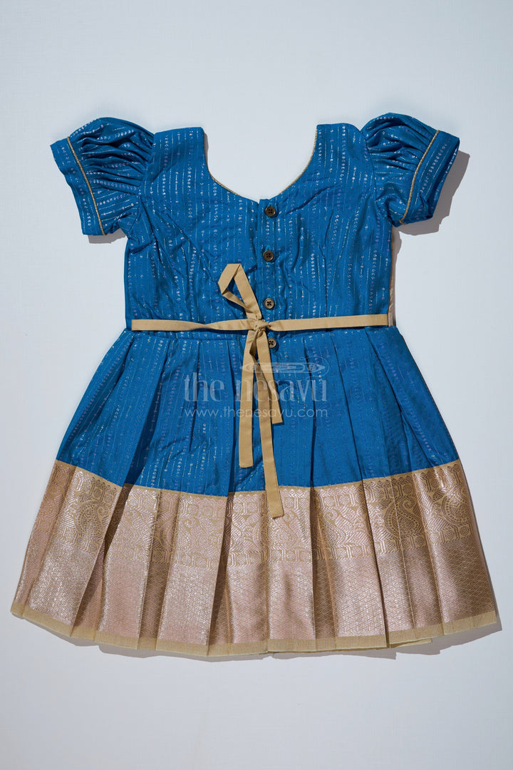 The Nesavu Girls Kanchi Silk Frock Elegant Teal Silk Dress for Girls with Kanchipuram Inspired Fabric and Gold Zari Pleated Border Nesavu Teal Silk Dress Girls Kanchipuram Inspired Fabric Gold Zari Pleated Border | The Nesavu