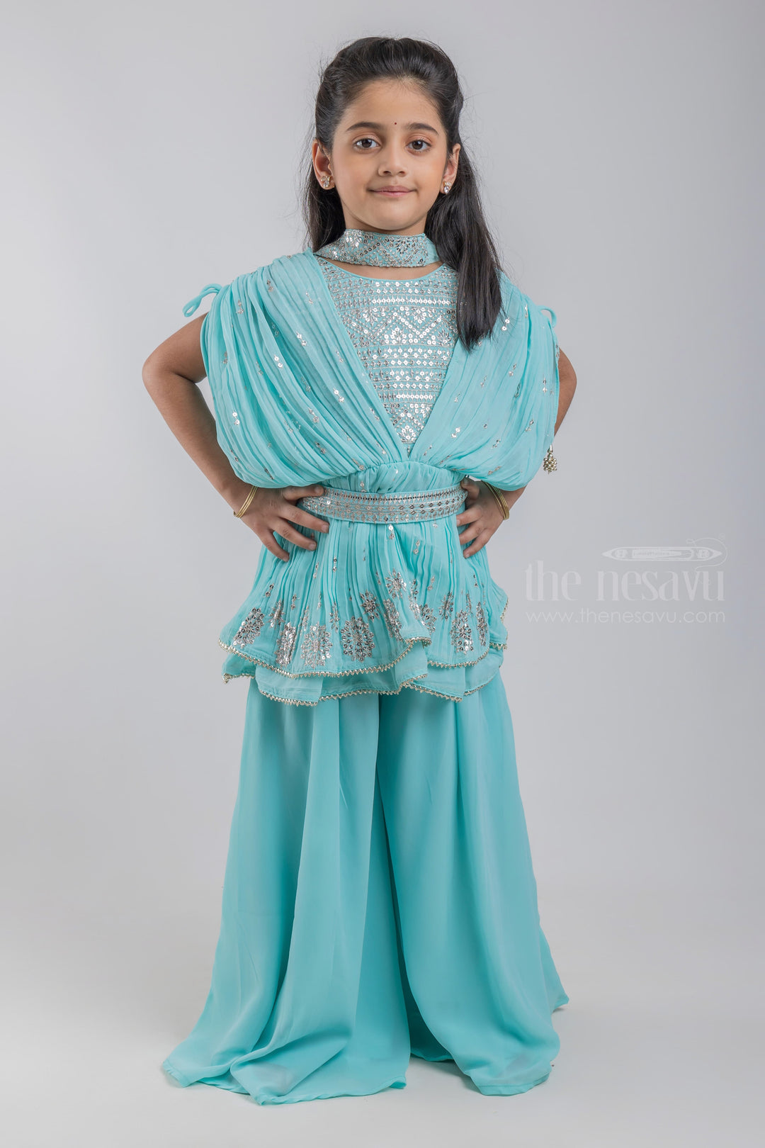 The Nesavu Girls Sharara / Plazo Set Elegant Turquoise Floral Designer Embroidery Tunic Tops And Palazzo Suit Set For Girls psr silks Nesavu 24 (5Y) / Turquoise GPS123B