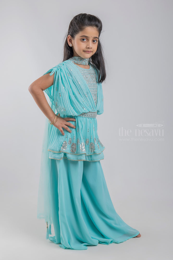 The Nesavu Girls Sharara / Plazo Set Elegant Turquoise Floral Designer Embroidery Tunic Tops And Palazzo Suit Set For Girls psr silks Nesavu