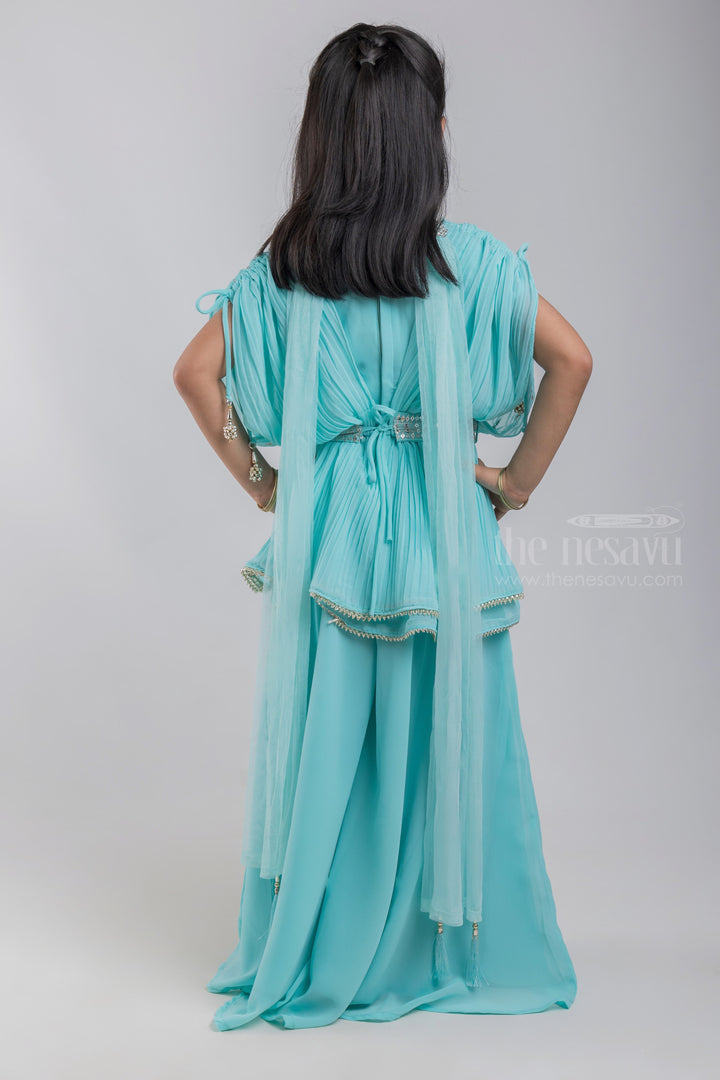 The Nesavu Girls Sharara / Plazo Set Elegant Turquoise Floral Designer Embroidery Tunic Tops And Palazzo Suit Set For Girls psr silks Nesavu