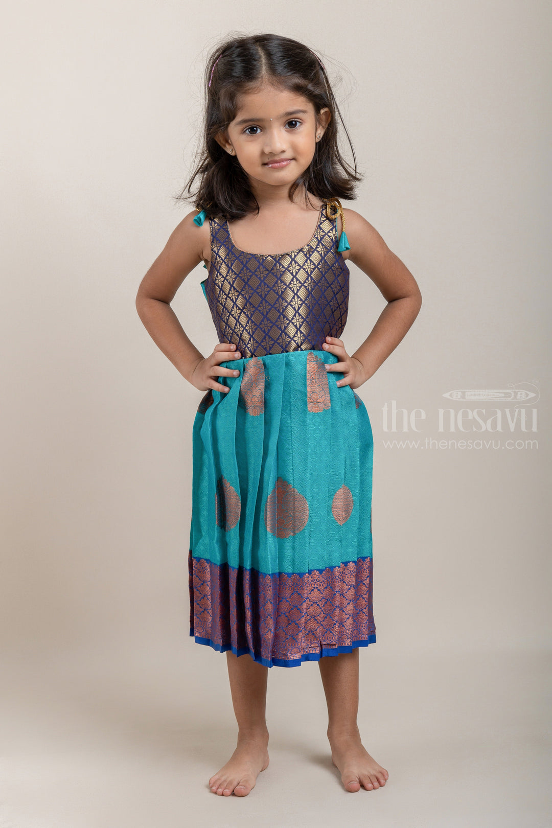 The Nesavu Tie-up Frock Elegant Turquoise Semi-Banaras Ethnic Tie-up Silk Frocks For Little Girls psr silks Nesavu 16 (1Y) / Blue T261B