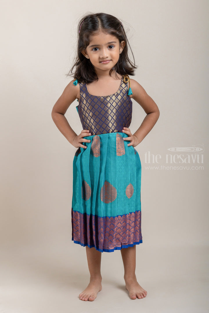 The Nesavu Tie-up Frock Elegant Turquoise Semi-Banaras Ethnic Tie-up Silk Frocks For Little Girls psr silks Nesavu 16 (1Y) / Blue T261B