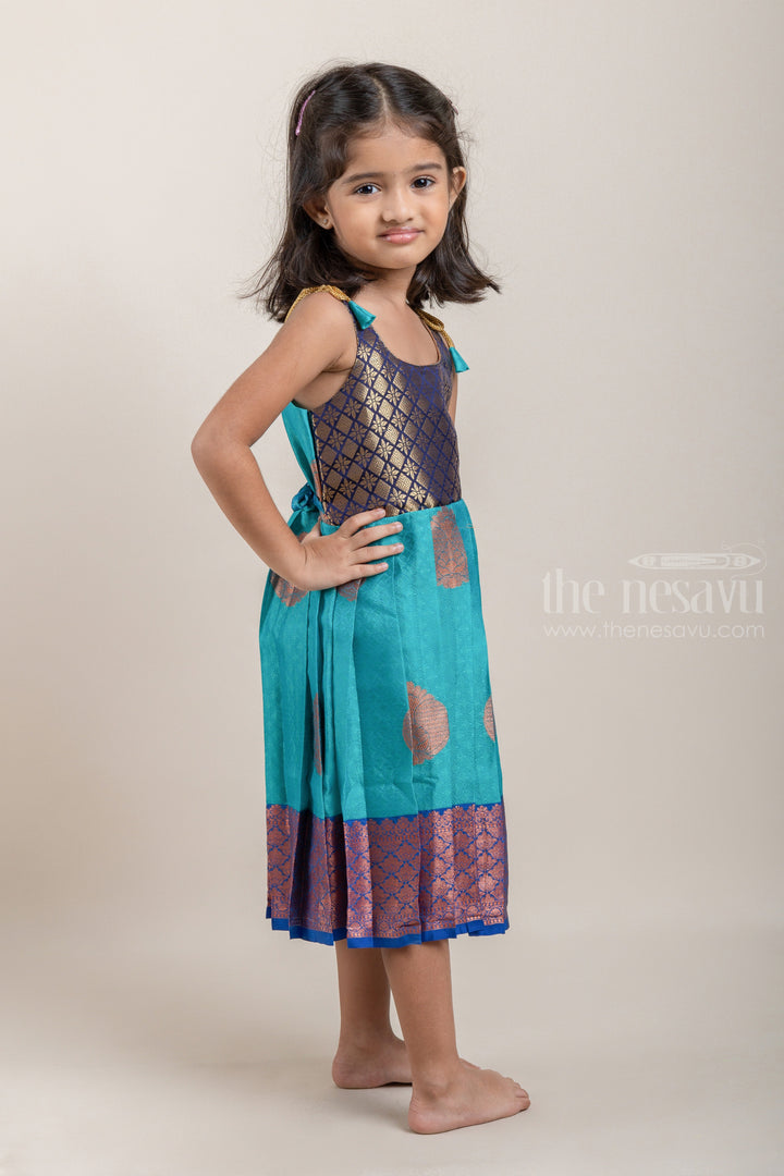 The Nesavu Tie-up Frock Elegant Turquoise Semi-Banaras Ethnic Tie-up Silk Frocks For Little Girls psr silks Nesavu