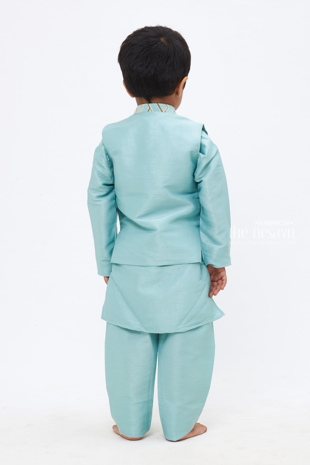 The Nesavu Boys Jacket Sets Elegant Turquoise Set featuring Geometric Patterns and Embellished Accents for Boys Nesavu Festive Charm for Boys | Latest Overcoat Jacket Kurta Pant Sets | The Nesavu