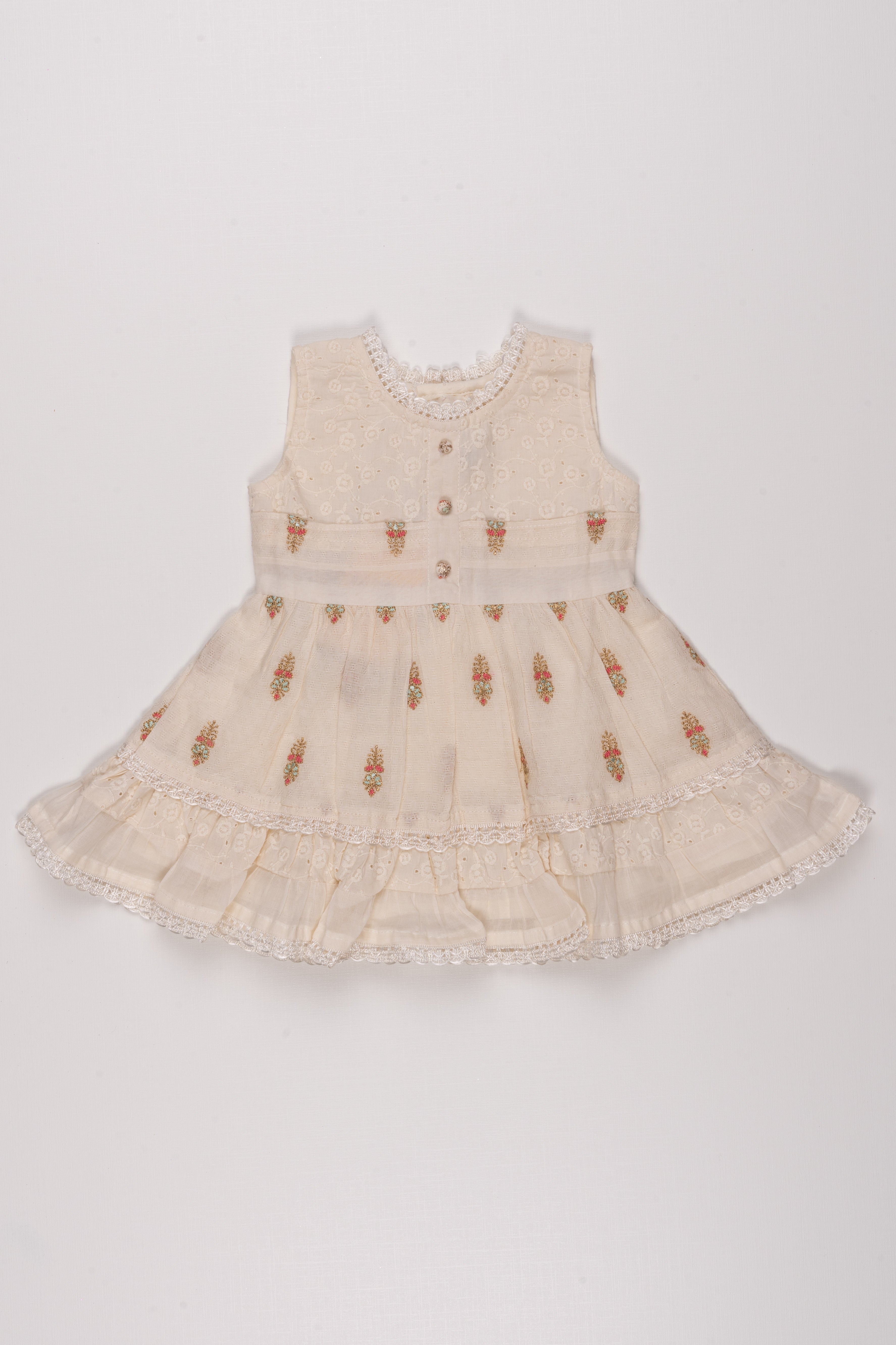 Elegant Whimsy: Lustrous Floral Zari Embroidered Cotton Baby Frock in  Sublime Half White