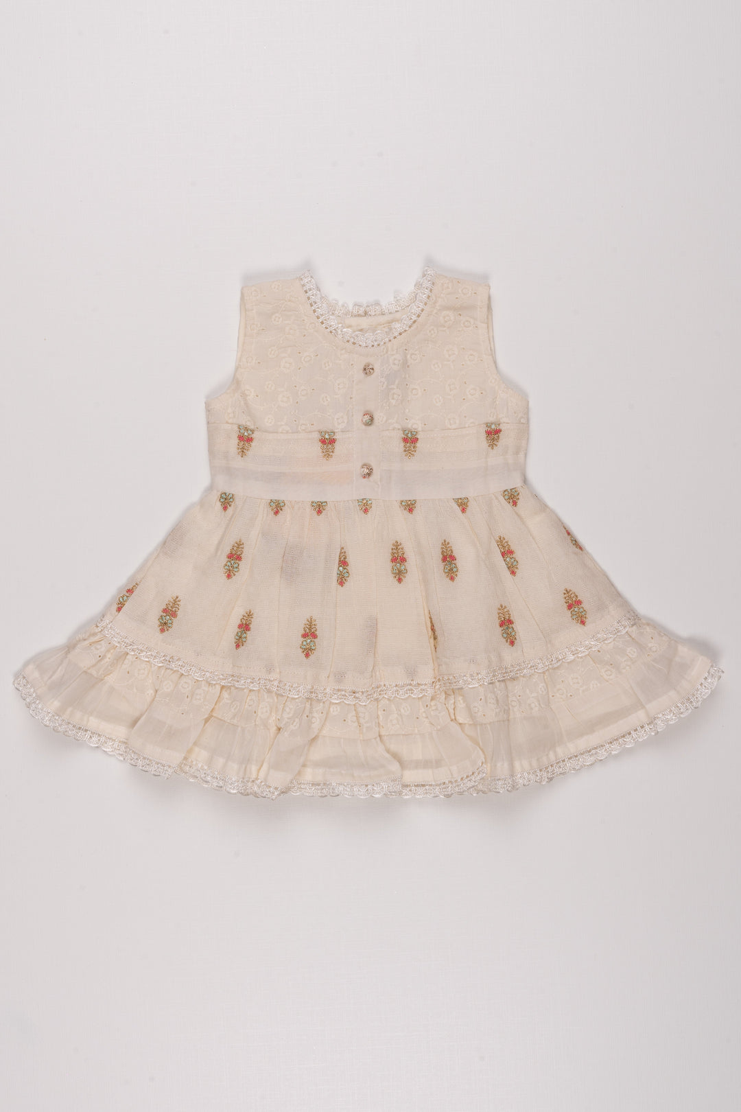 The Nesavu Baby Cotton Frocks Elegant Whimsy: Lustrous Floral Zari Embroidered Cotton Baby Frock in Sublime Half White Nesavu 14 (6M) / Half white / Cotton BFJ472A-14 Trendy baby frock designs | Eco-friendly baby dresses | The Nesavu