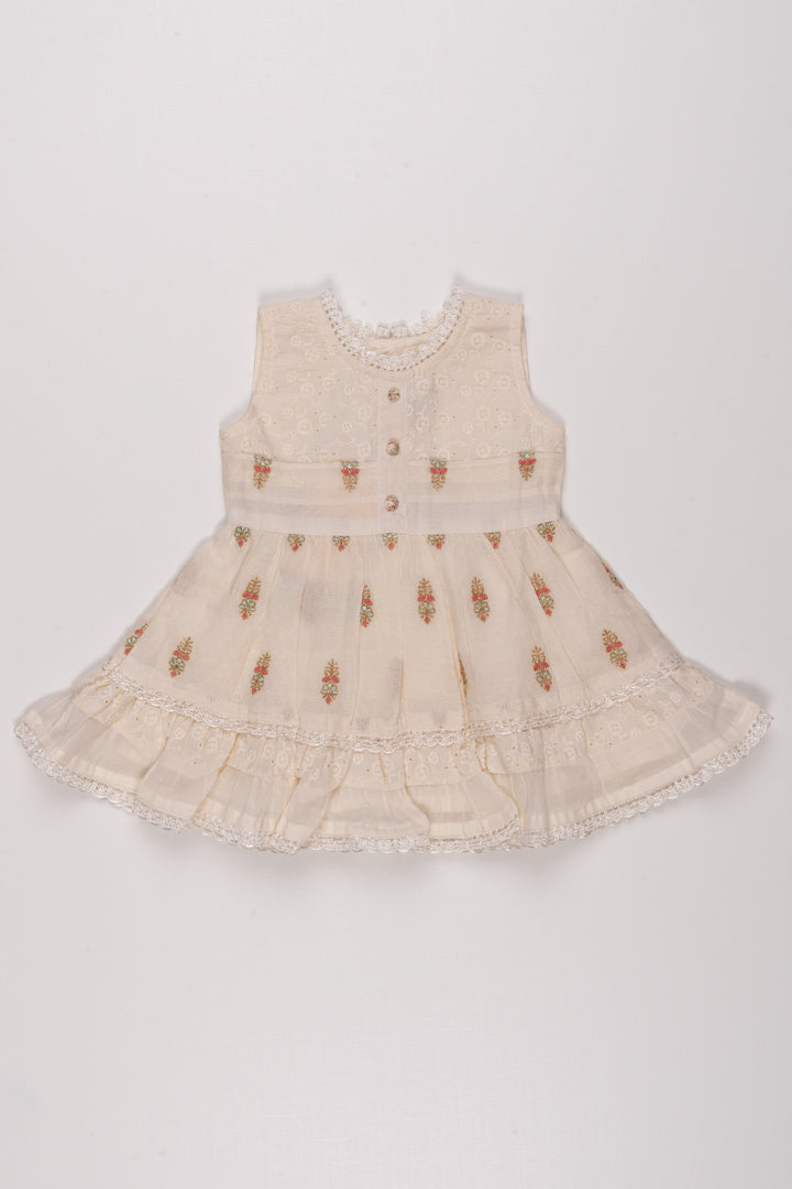 The Nesavu Baby Cotton Frocks Elegant Whimsy: Lustrous Floral Zari Embroidered Cotton Baby Frock in Sublime Half White Nesavu 14 (6M) / Half white / Cotton BFJ472A-14 Trendy baby frock designs | Eco-friendly baby dresses | The Nesavu