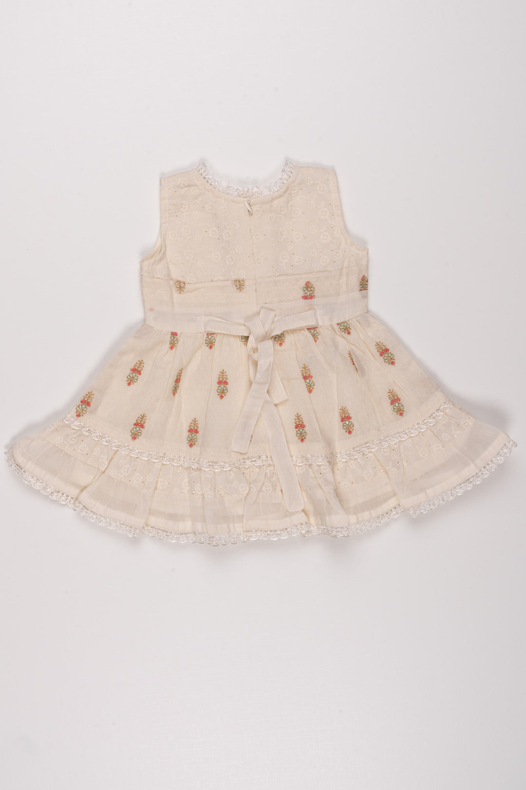 The Nesavu Baby Cotton Frocks Elegant Whimsy: Lustrous Floral Zari Embroidered Cotton Baby Frock in Sublime Half White Nesavu Trendy baby frock designs | Eco-friendly baby dresses | The Nesavu