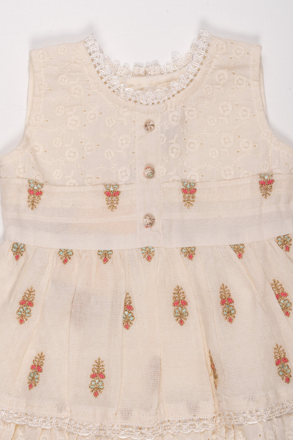 The Nesavu Baby Cotton Frocks Elegant Whimsy: Lustrous Floral Zari Embroidered Cotton Baby Frock in Sublime Half White Nesavu Trendy baby frock designs | Eco-friendly baby dresses | The Nesavu