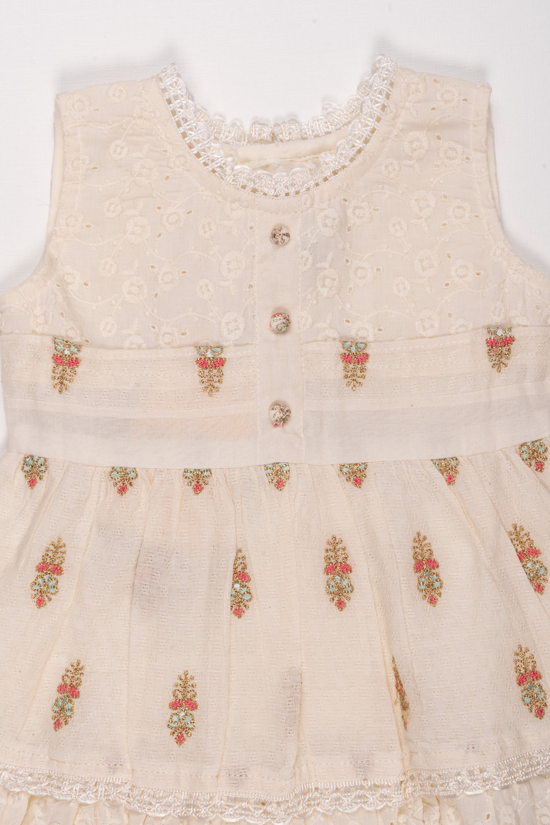 The Nesavu Baby Cotton Frocks Elegant Whimsy: Lustrous Floral Zari Embroidered Cotton Baby Frock in Sublime Half White Nesavu Trendy baby frock designs | Eco-friendly baby dresses | The Nesavu