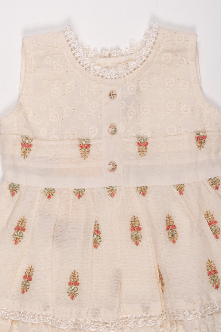 The Nesavu Baby Cotton Frocks Elegant Whimsy: Lustrous Floral Zari Embroidered Cotton Baby Frock in Sublime Half White Nesavu Trendy baby frock designs | Eco-friendly baby dresses | The Nesavu