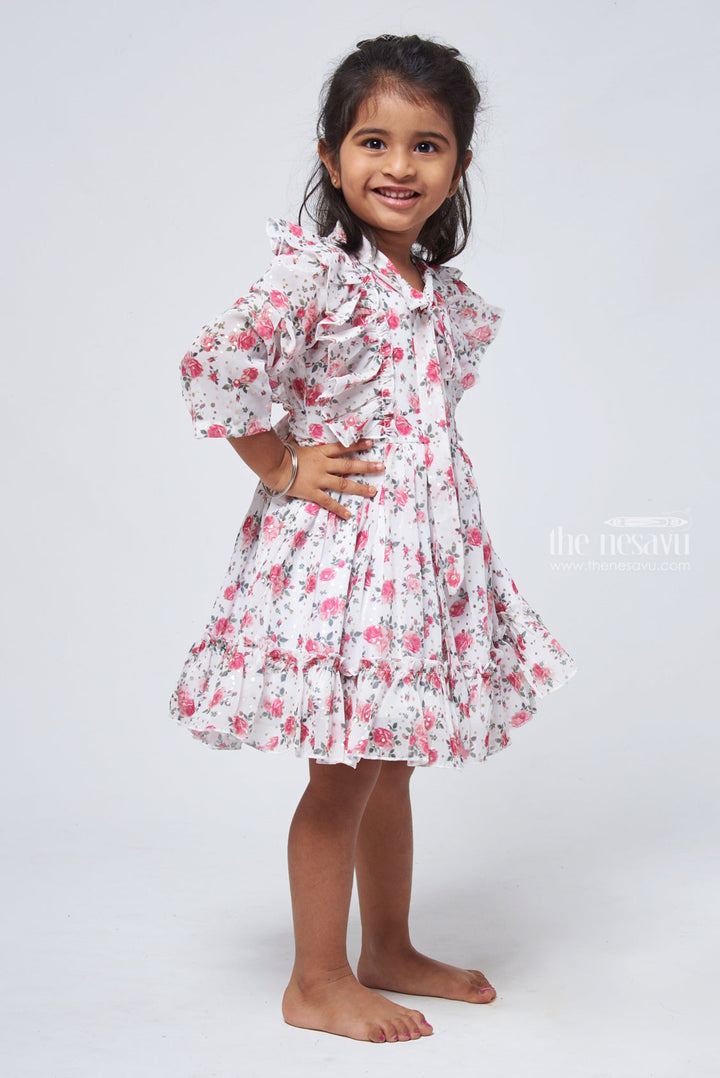 The Nesavu Baby Frock / Jhabla Elegant White Floral Pleated Party Gown for Baby Girls Nesavu Designer baby Wear Frock | Party Dresses For Kids | The Nesavu