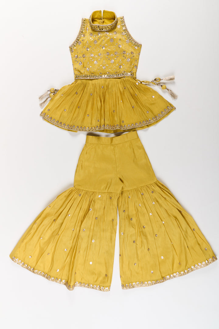 The Nesavu Girls Sharara / Plazo Set Elegant Yellow Georgette Girls Sharara Set with Sequin Embroidery and Peplum Top Nesavu Nesavu Yellow Georgette Girls Sharara Set Sequin Embroidery Peplum Top