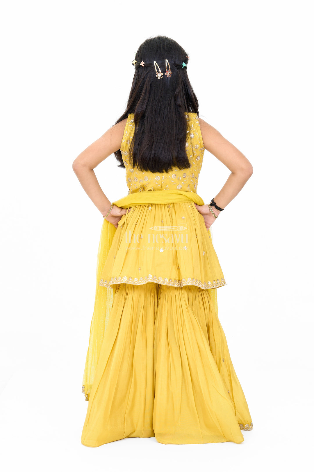 The Nesavu Girls Sharara / Plazo Set Elegant Yellow Georgette Girls Sharara Set with Sequin Embroidery and Peplum Top Nesavu Nesavu Yellow Georgette Girls Sharara Set Sequin Embroidery Peplum Top