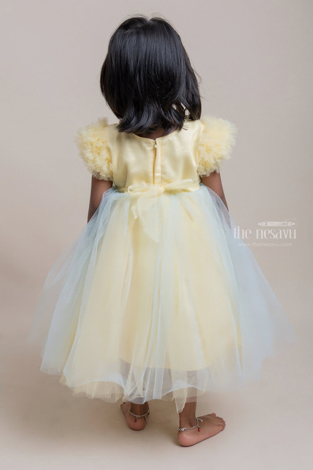 The Nesavu Girls Tutu Frock Elegant Yellow Party Frock With Pearl Sequenced Neck Design For Girls Nesavu Fashionable party frocks | High-quality party frocks | The Nesavu