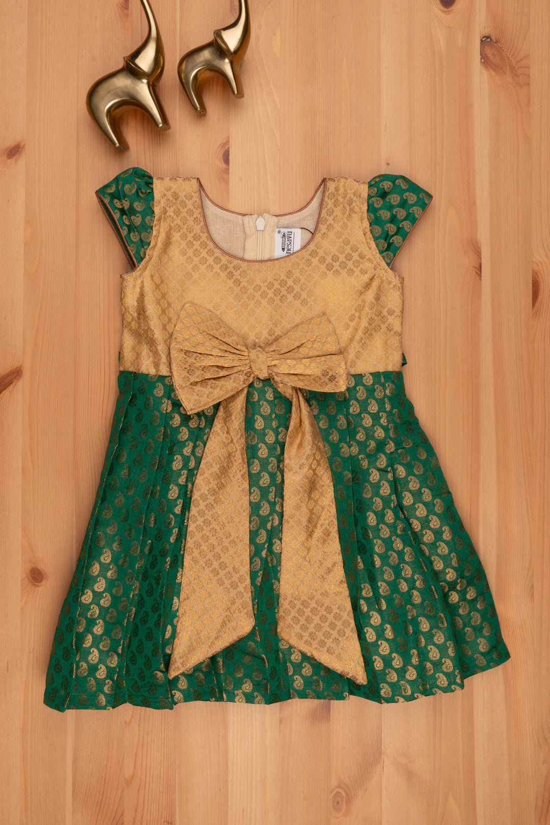 The Nesavu Silk Frock Elegant Zari Paisley Designer Reshmi Frock in Green with Brocade Designer Beige Yoke Nesavu 16 (1Y) / Green SF649-16 Designer Green Silk Frock | Girls Traditional Silk Gown | The Nesavu