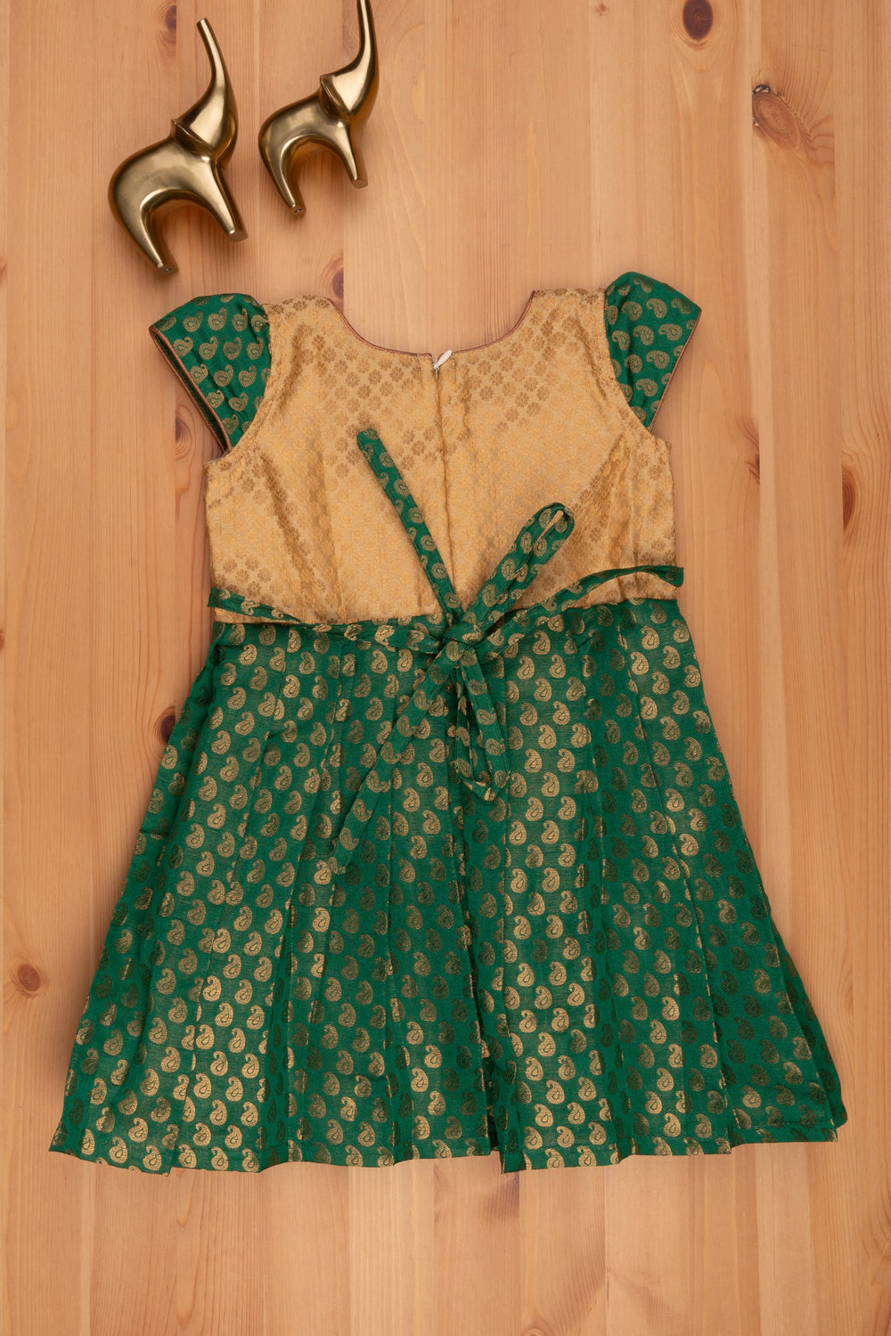 The Nesavu Silk Frock Elegant Zari Paisley Designer Reshmi Frock in Green with Brocade Designer Beige Yoke Nesavu Designer Green Silk Frock | Girls Traditional Silk Gown | The Nesavu