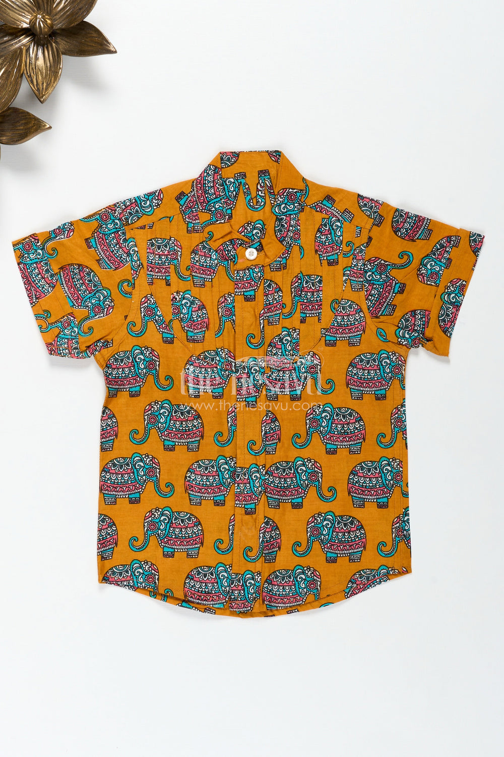 The Nesavu Boys Cotton Shirt Elephant Motif Cotton Shirt for Boys Rich Mustard with Traditional Art Style Nesavu 16 (1Y) / Orange BS274A-16 Nesavu Boys Cotton Shirt Elephant Print Mustard Yellow Traditional Artistic Design