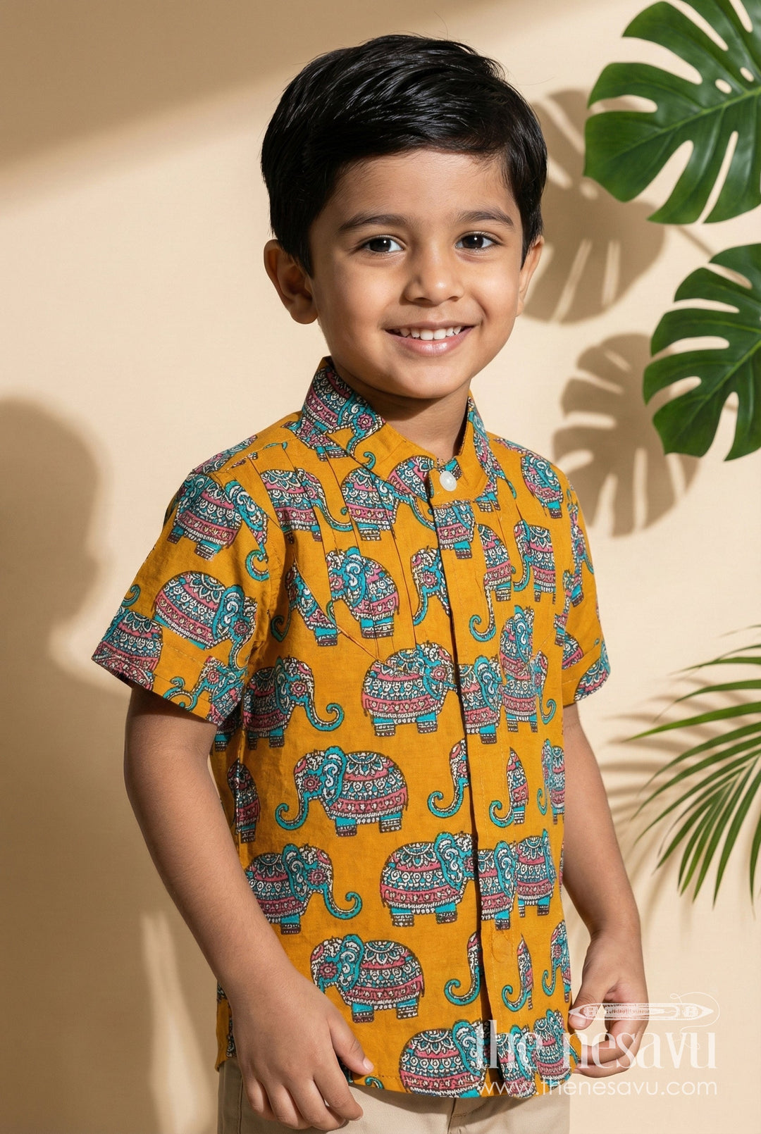 The Nesavu Boys Cotton Shirt Elephant Motif Cotton Shirt for Boys Rich Mustard with Traditional Art Style Nesavu 16 (1Y) / Orange BS274A-16 Nesavu Boys Cotton Shirt Elephant Print Mustard Yellow Traditional Artistic Design