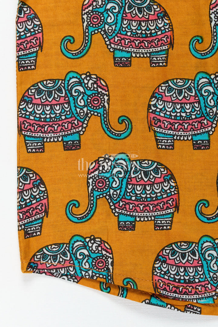 The Nesavu Boys Cotton Shirt Elephant Motif Cotton Shirt for Boys Rich Mustard with Traditional Art Style Nesavu Nesavu Boys Cotton Shirt Elephant Print Mustard Yellow Traditional Artistic Design
